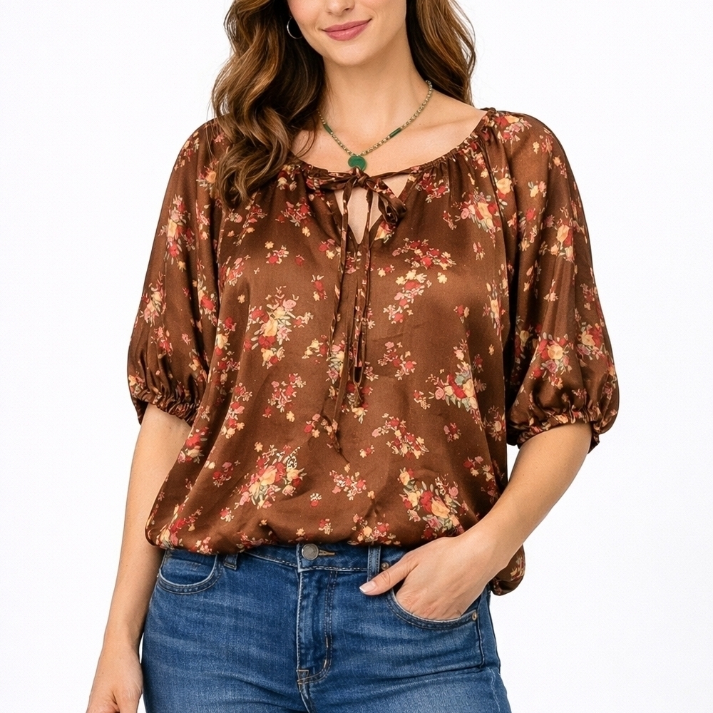 Kylie Paige adorable cottage core satin blouse with floral pattern